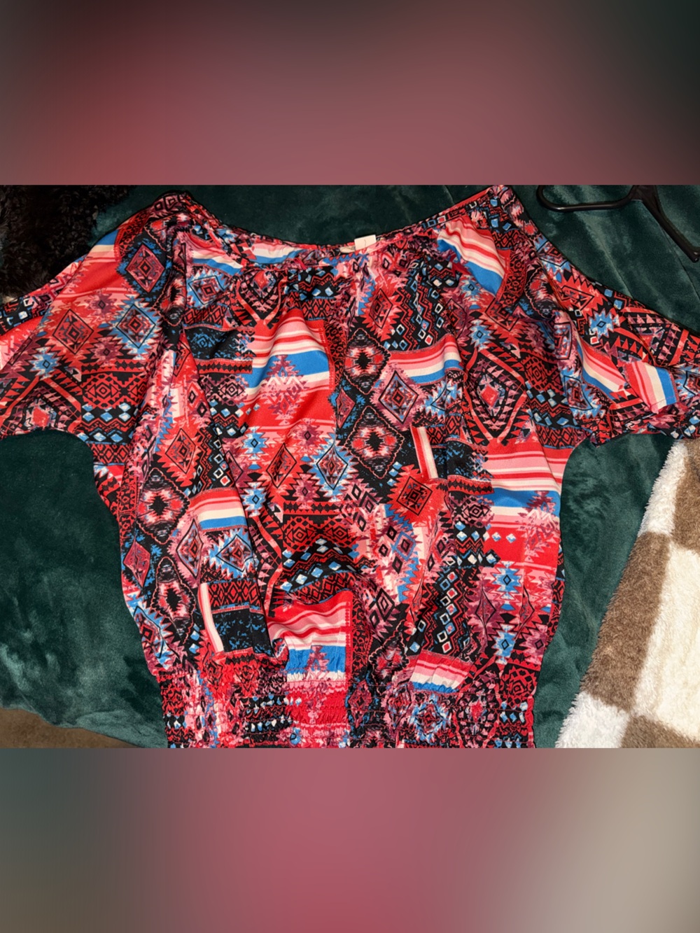 Belle Du Jour Red Aztec-Pattern Short Sleeve Tunic Top